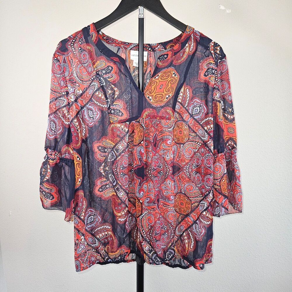 Liz Claiborne Blouse Womens Large Paisley Boho Sheer Peasant Top 3/4 Slv Flowy